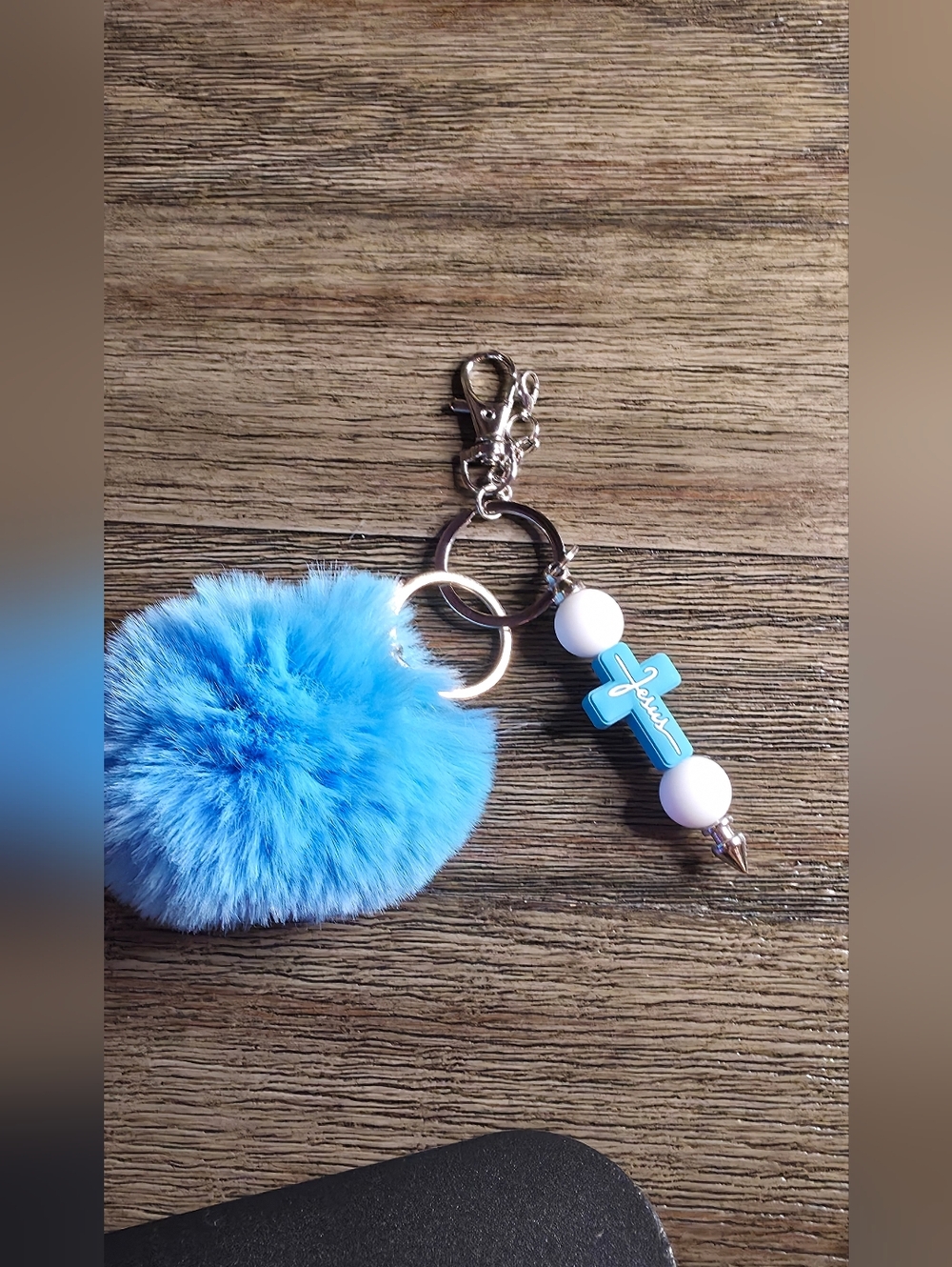 Blue Fuzzy Pom Pom Keychain with Cross Charm